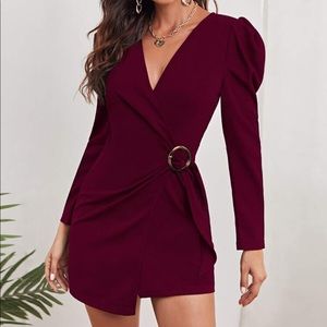 Surplice Neck Gigot Sleeve Buckle Knot Dress